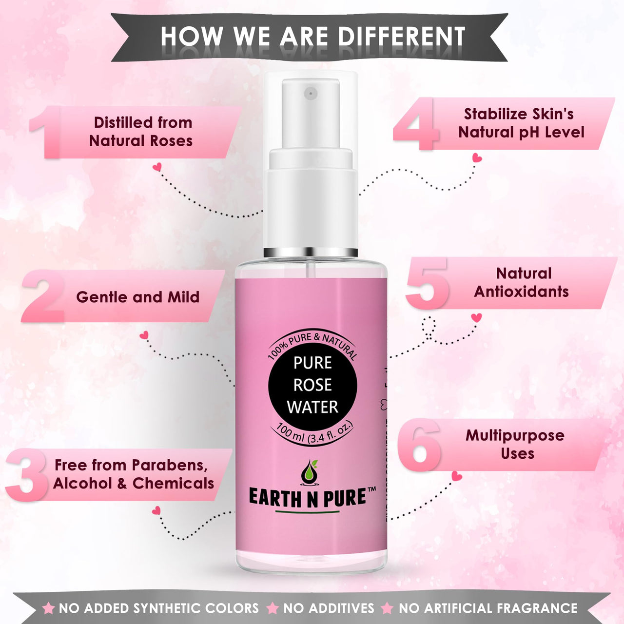 Earth N Pure Natural Rose Water 100Ml | Distilled from Roses with Nothing Artificial, Ideal for Oil Control, Balancing Skin pH level, Glowing Skin, Face mist & Tonner.