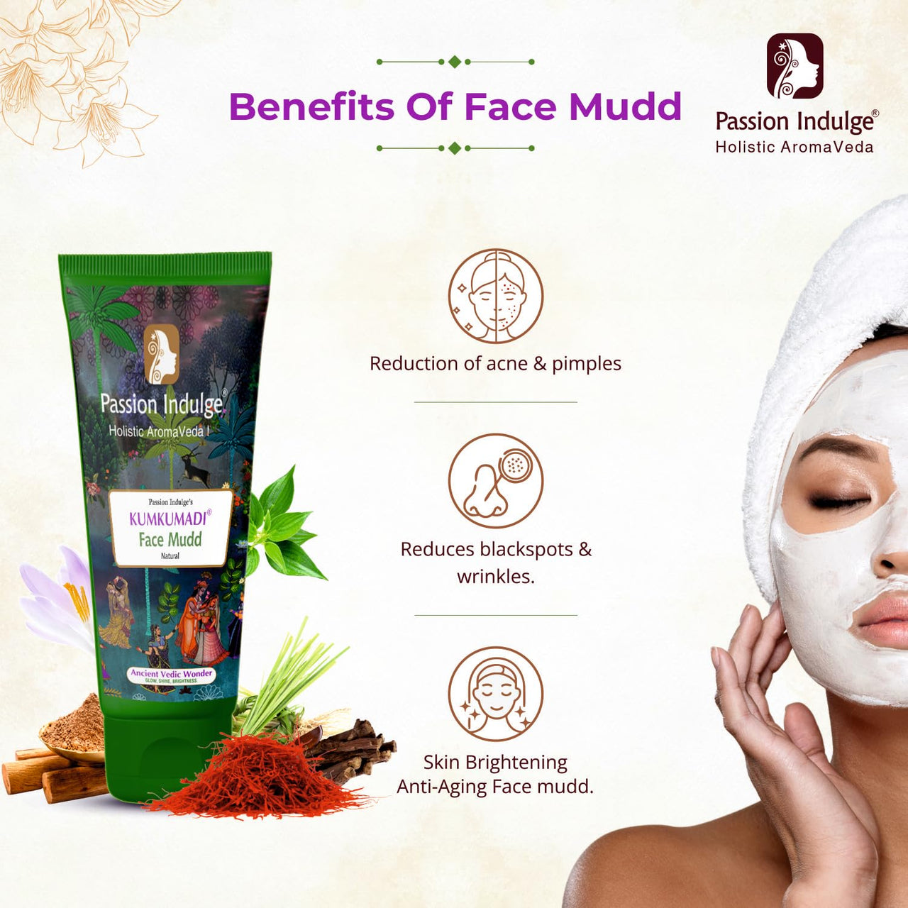 Passion Indulge Kumkumadi Natural Handmade Bath Bar & Kumkumadi Natural Face Mudd Pack For Skin Glow, Shine & Brightness with Saffron, Vetiver Oil and 16 Herbs