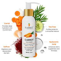 Karrot Natural Skincare Carrot Hydrating Face Wash, Boosts Radiance and Evens Skin Tone, with Hyaluronic Acid, Saffron and Tea Tree, For Women and Men, Suitable for All Skin Types, 100 ml