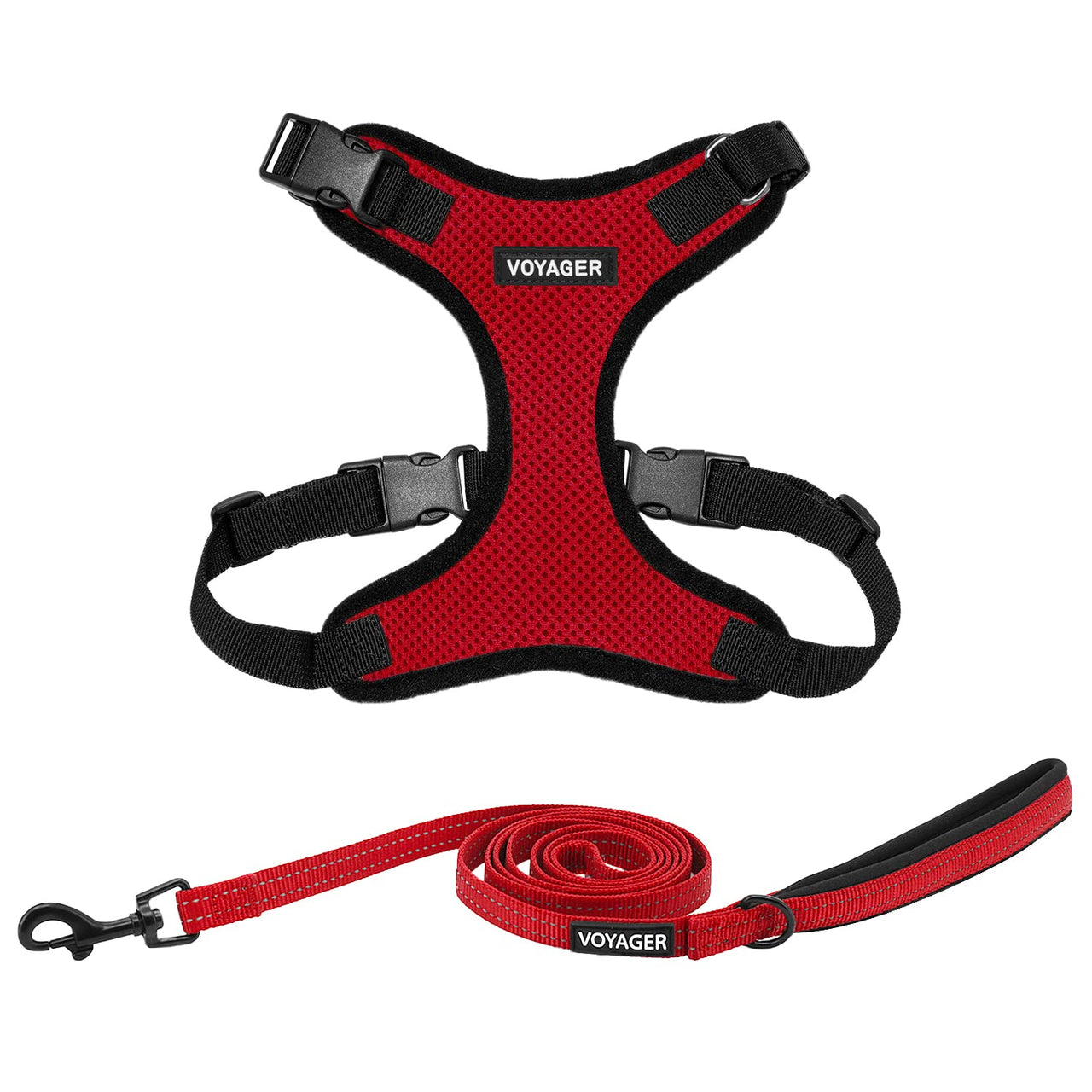 Voyager Step-in Lock Dog Harness w Reflective Dog Leash Combo Set with Neoprene Handle 5ft - Supports Small, Medium and Large Breed Puppies/Cats by Best Pet Supplies - Red/Black Trim, L
