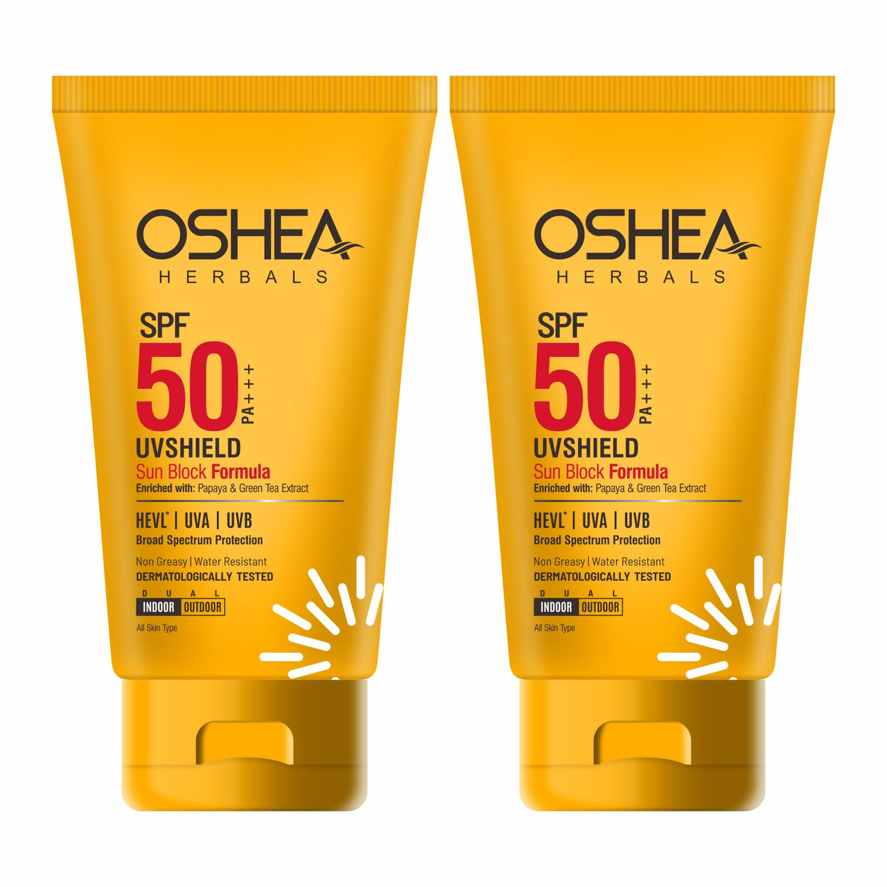 Oshea Herbals UVShield SPF 50 PA+++ Sunscreen | Broad Spectrum UVA & UVB Protection for All Skin Types | Water Resistant & Enriched with Papaya & Green Tea Extract - 120g (Pack of 2)