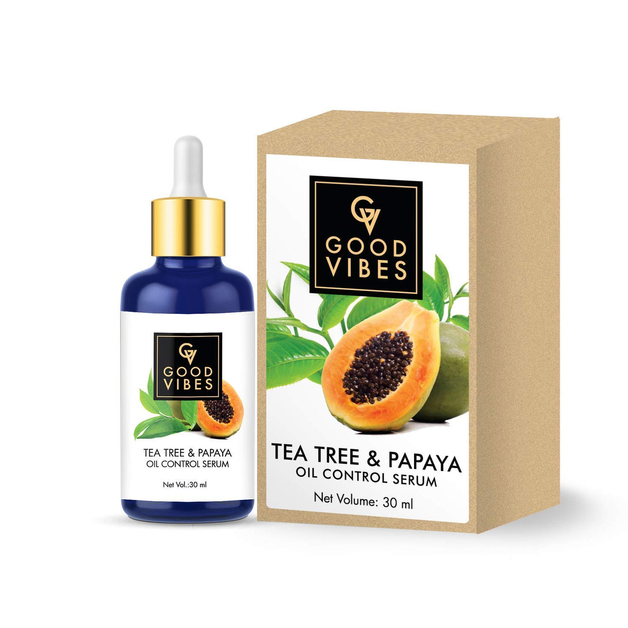 Good Vibes Tea Tree & Papaya Oil Control Face Serum, 30 ml Light Weight Absorbs Quickly Clarifying Formula For Oily Skin Type, Helps Reduce Acne & Blemishes Naturally, No Parabens, No Animal Testing