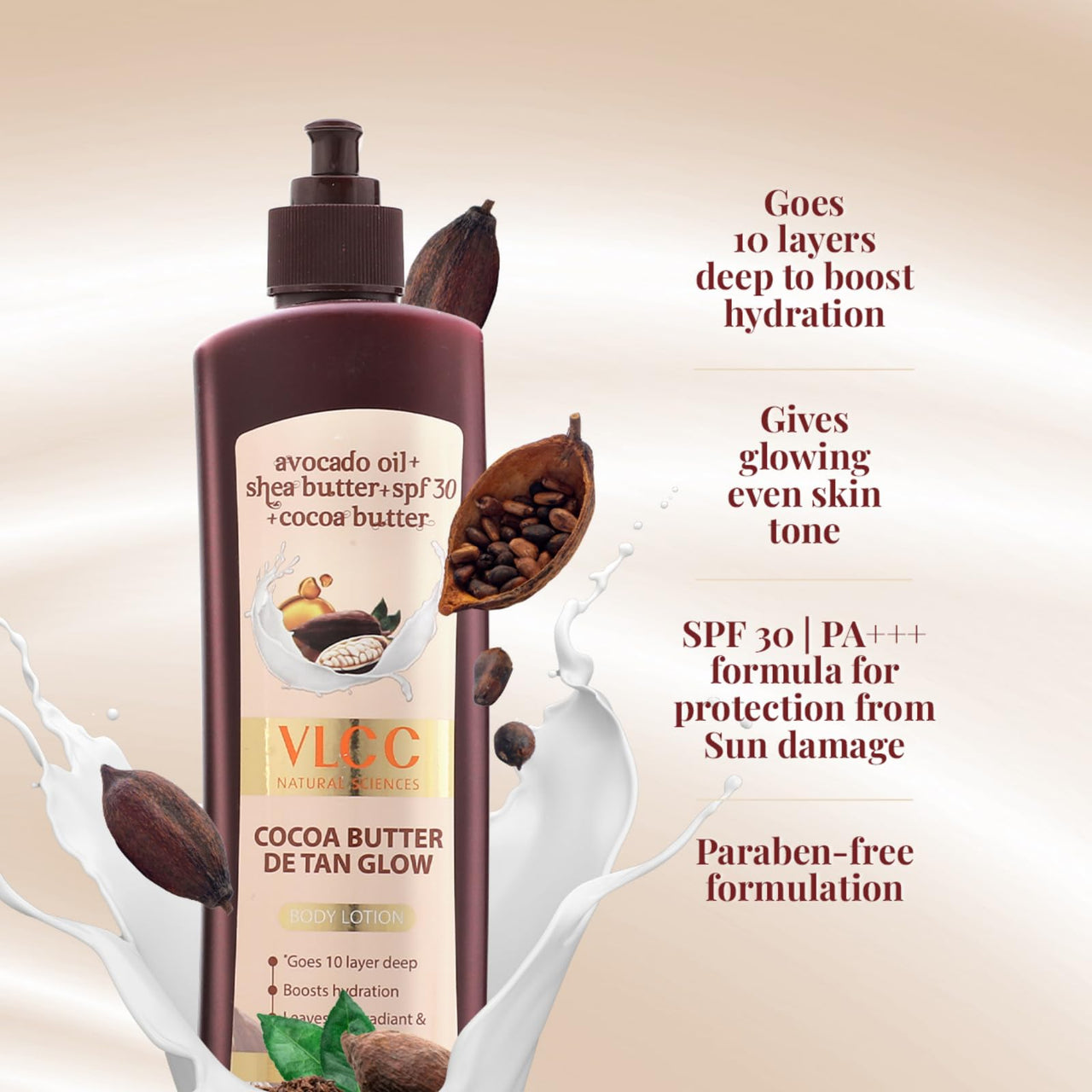 VLCC Cocoa Butter De-Tan Glow Body Lotion SPF 30 PA+++ - 400ml | Deeply Hydrating & Moisturizing Lotion | Helps fight tanning | Glowing Skin & Even Skin Tone | Avocado Oil, Shea Butter & Cocoa Butter