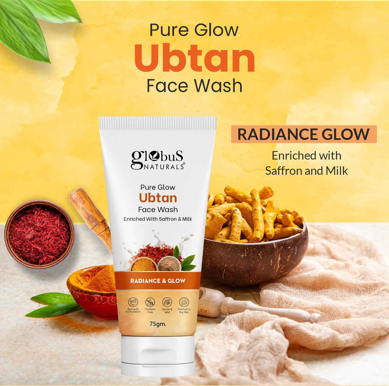 Globus Naturals Pure Glow Ubtan Face Wash, Enriched With Saffron & Milk, For Radiance & GLow, Natural, Gentle & Mild, Suitable For All Skin Types, 75 gm (Pack of 2)