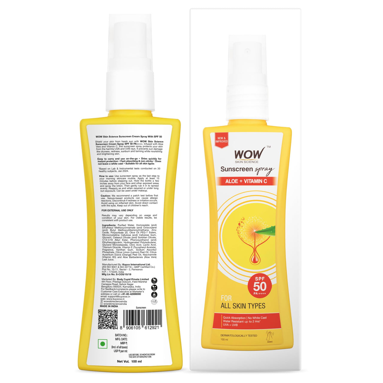 WOW Skin Science Sunscreen Spray | For All Skin Types| SPF 50 PA++++ | Brightens Skin | With Aloe Vera & Vitamin C| Lightweight | Quick Absorbing | UVA & UVB Protection | 100mL