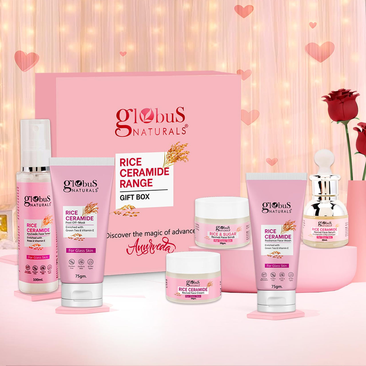 Globus Naturals Revival Rice Ceramide Valentine Love Gift Box, For Korean Glass Skin, Set of 6 Face Wash 75gm, Cream 50gm, Scrub 50gm, Peel off Mask 75gm, Serum 30ml, Toner 100ml