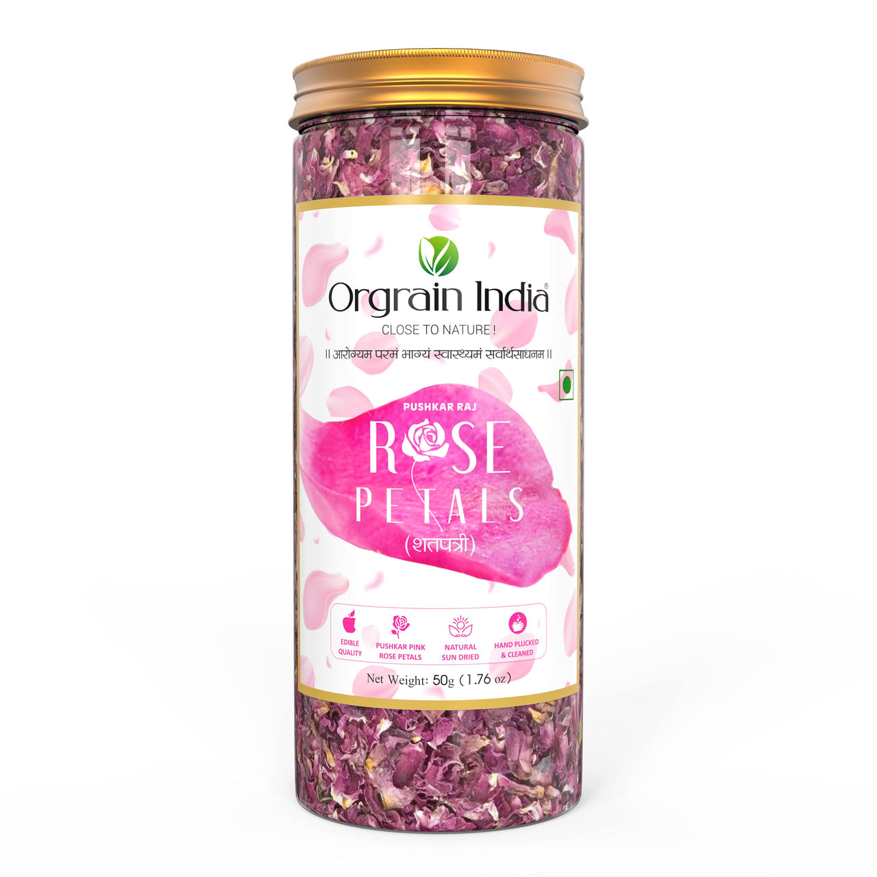 Orgrain India Pushkar Raj Pink Rose Petals 50g | Organically Grown Company-Owned Farmlands | Sun Dried Gulab Patti | Rose Tea