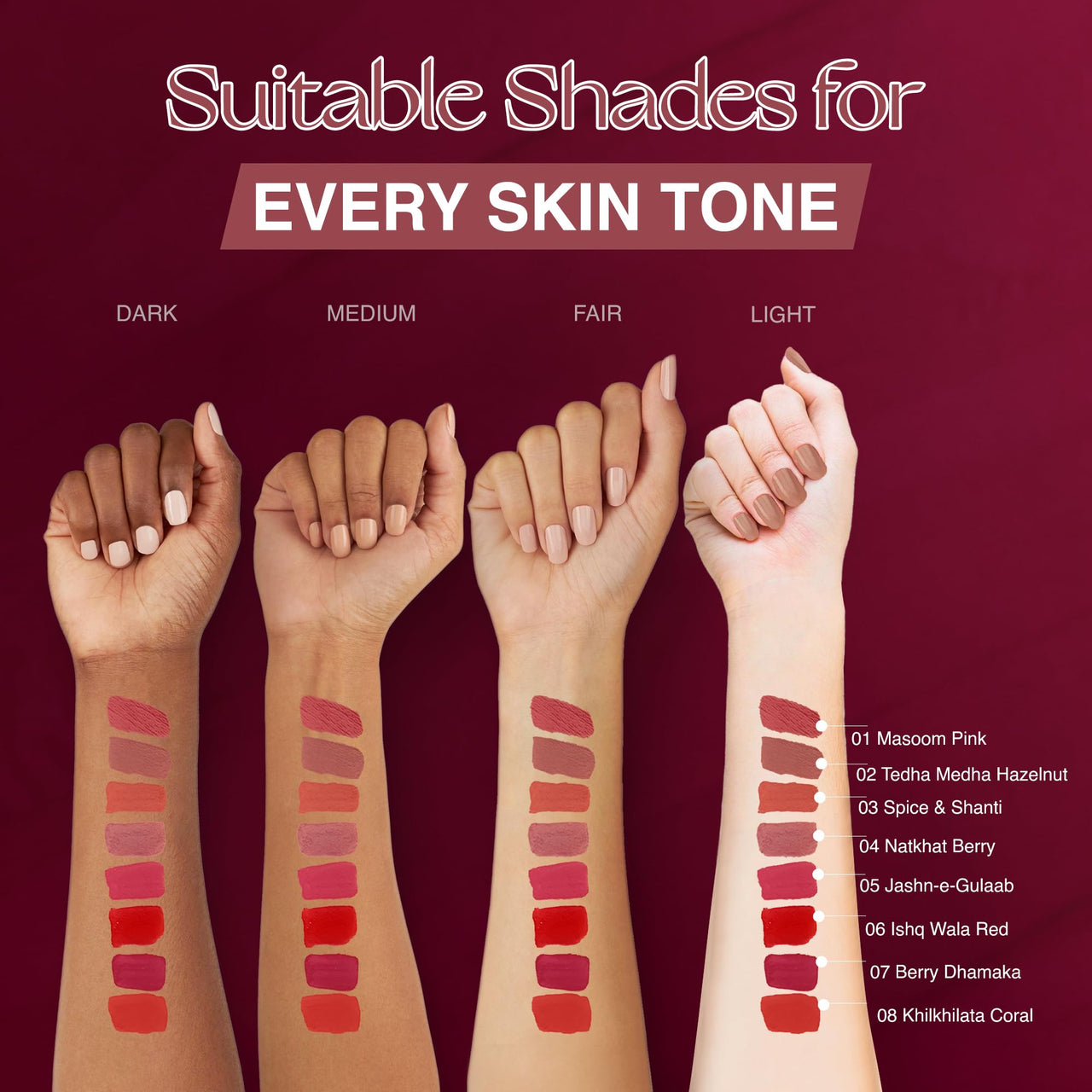 Nourish Mantra Muted Magic Matte Liquid lipstick combo with SPF 15 Set of 4(1.2ml Each) | Mini Lipsticks| nudeshade lip stick | brown lipsticks | Water Proof | Smudge Proof | transfer Proof | Long Lasting| Suits all skin tones