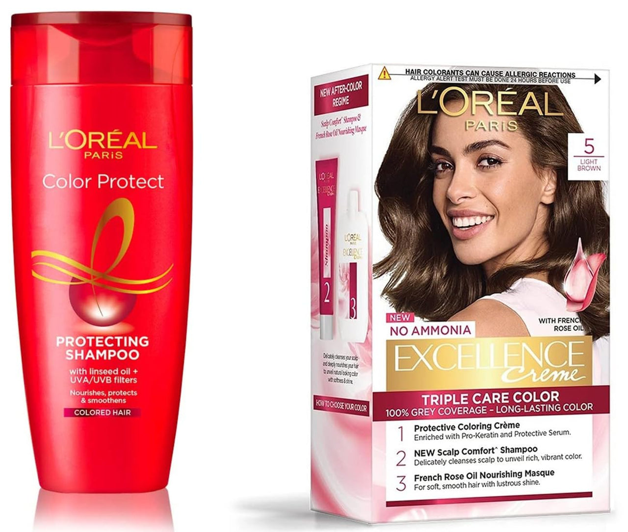 L'Oreal Paris Excellence Creme Hair Color, 72ml+100g - 5 Light Brown/Natural Brown & Color Protect Shampoo, 175ml (With 10% Extra)