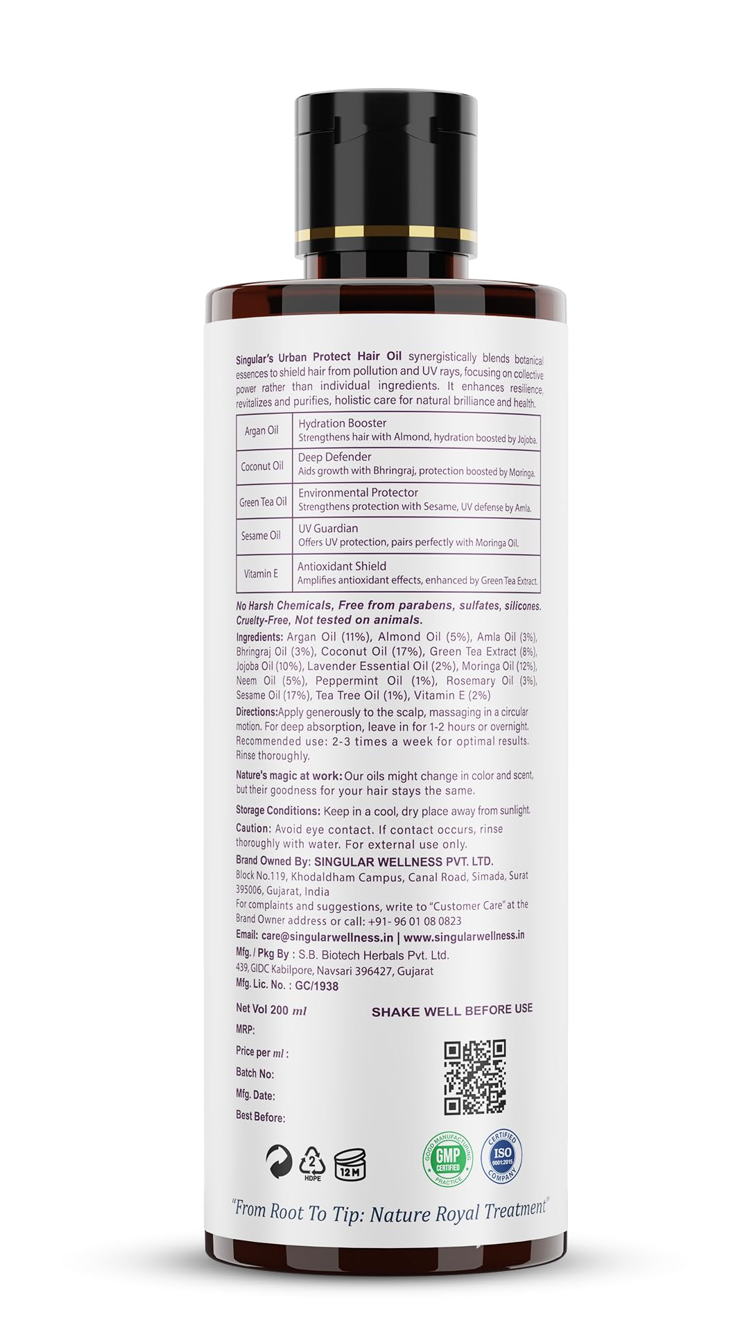 Singular Urban Protect Hair Oil for Pollution and UV Defense | Pure & Natural Cold Pressed Oil Infused with Nature's Best Argan, Coconut, Moringa, Green Tea, Sesame Oil with Vitamin E | Ideal for Damaged and Dry Hair | 400 ml