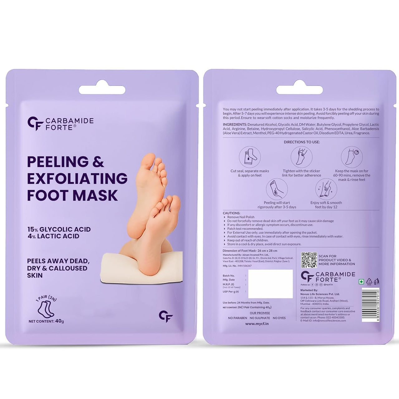 Carbamide Forte Peeling & Exfoliating Foot Peel off Mask for Dry & Calloused Feet | Foot peeling mask With 15% Glycolic Acid, 4% Lactic Acid & Aloe Vera | Helps Remove Dead Skin, Soften Cracked Heels & Calluses | 1 Pair (40g)
