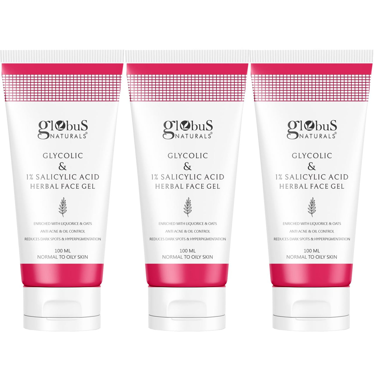 Globus Naturals Glycolic & 1% Salicylic Acid Herbal Anti Acne Face Gel, Enriched with Liquorice & Oats, Anti Acne & Oil Control, Reduces Dark spots & Hyperpigmentation,100 ml Pack Of 3