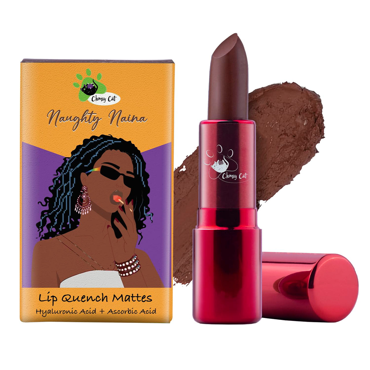 Clumsy Cat Moisturizing Naughty Naina Lipstick - Ash Brown | Enriched with Hyaluronic & Ascorbic Acid | Keep Lips Moisturised | Long-Lasting, Non-Sticky & Hydrating | Perfect for Daily Use & Dusky Skin