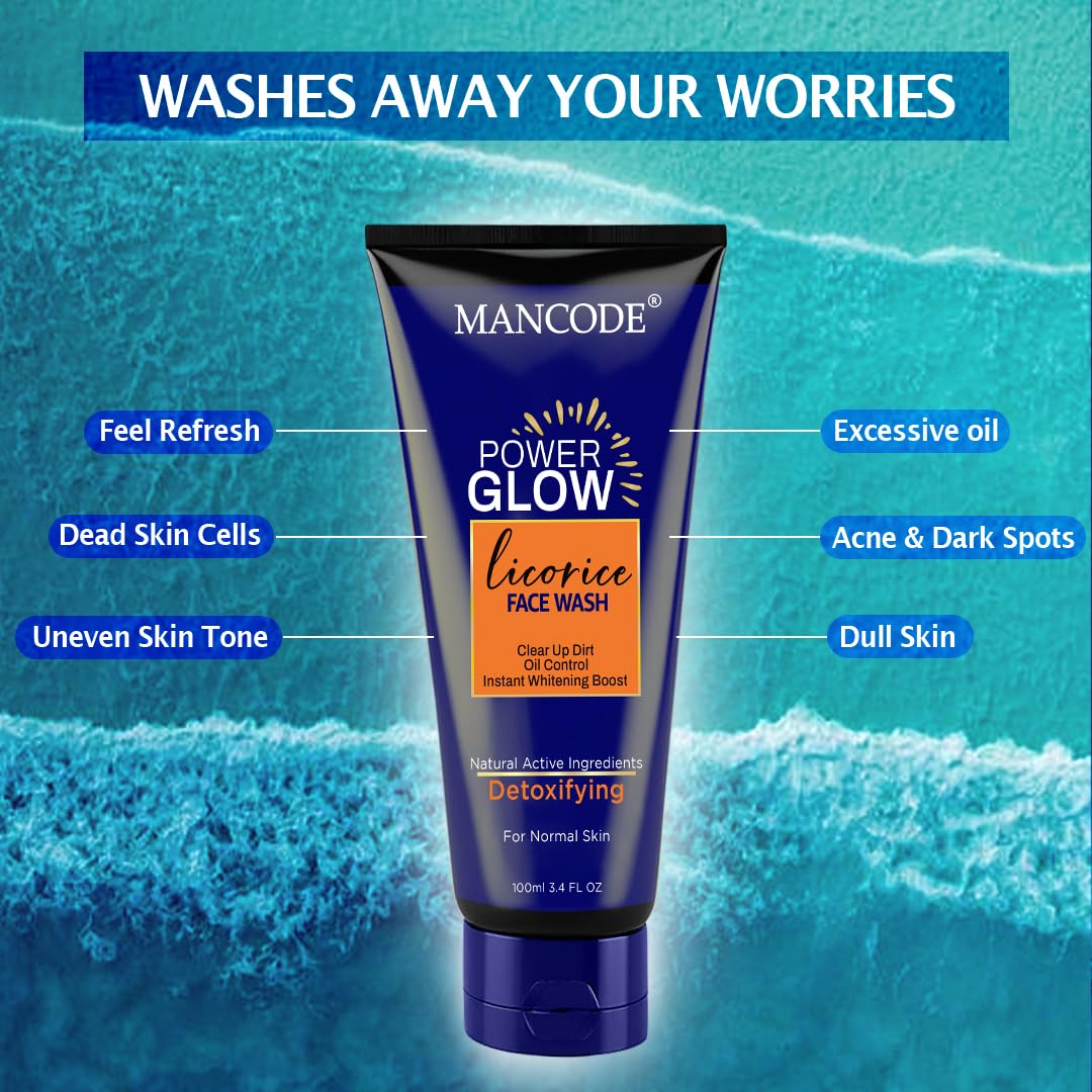 MANCODE Power Glow Face Wash for Men with licorice extract, Best Oil Control Face Wash for Men, Ideal for All Skin, Deep Skin Cleansing, Instant Whitening Boost, Suitable For all Skin Type (100 ML)