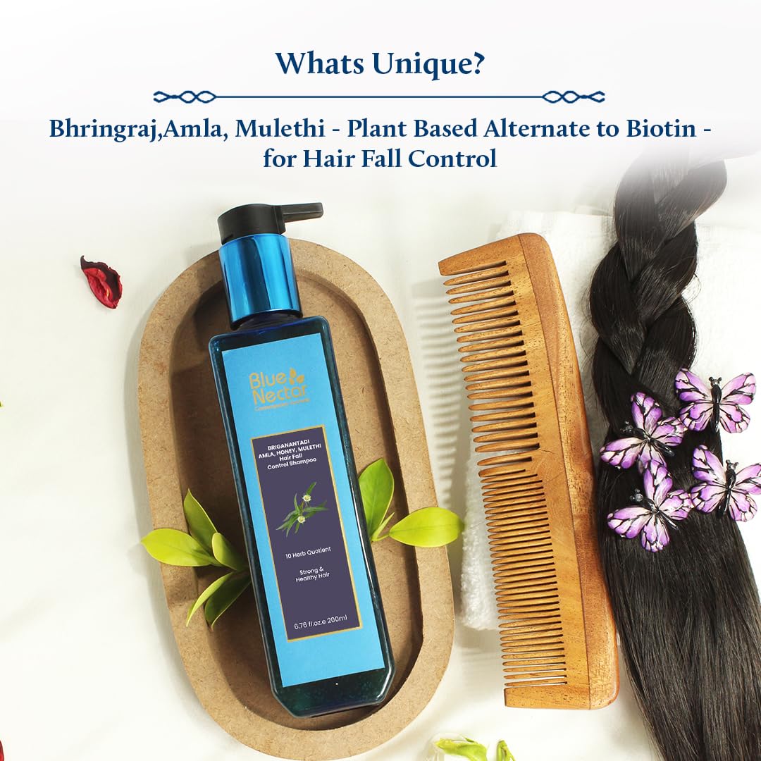 Blue Nectar Anti Hair Fall Shampoo with Amla, Honey and Mulethi, Paraben and Sulfate Free Shampoo for Women and Men | Plant Based Hair Shampoo for Thick Hair (10 Herbs, 200 ml)