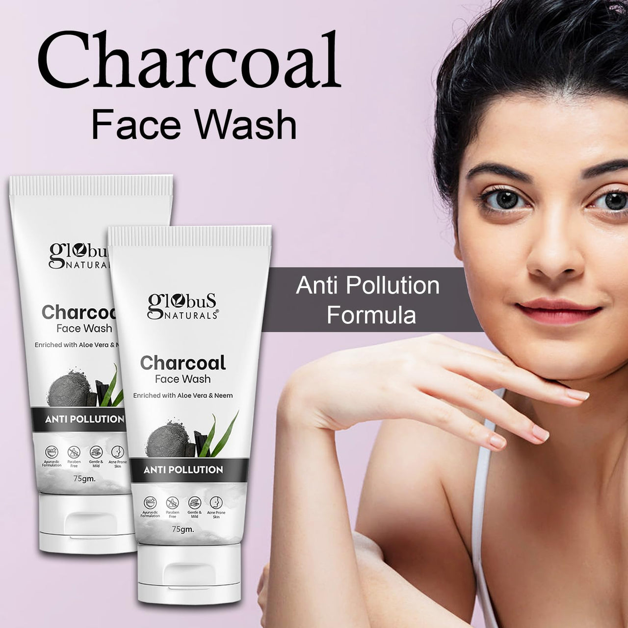 Globus Naturals Anti Pollution Charcoal Face Wash, Enriched with Tea Tree Oil, For Oily & Acne Prone Skin, 75 gm (Pack of 2)