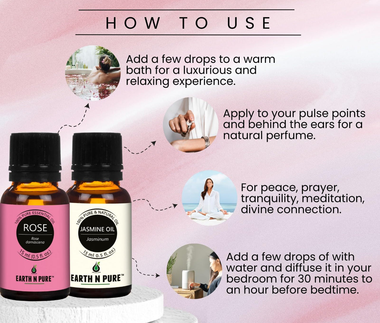 Earth N Pure Jasmine Essential Oil and Rose Essential Oil Pack of 2-15ml for Aromatherapy, Skincare and Home Fragrances