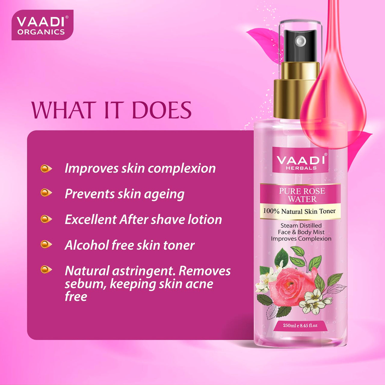 VAADI HERBALS Rose Water For Healthy&Hydrated Skin-100% Natural&Pure Rose Water Reduces Skin Redness,Itchiness And Inflamation Improves Skin Complexion Prevents Skin Ageing Alcohol Free-250Ml