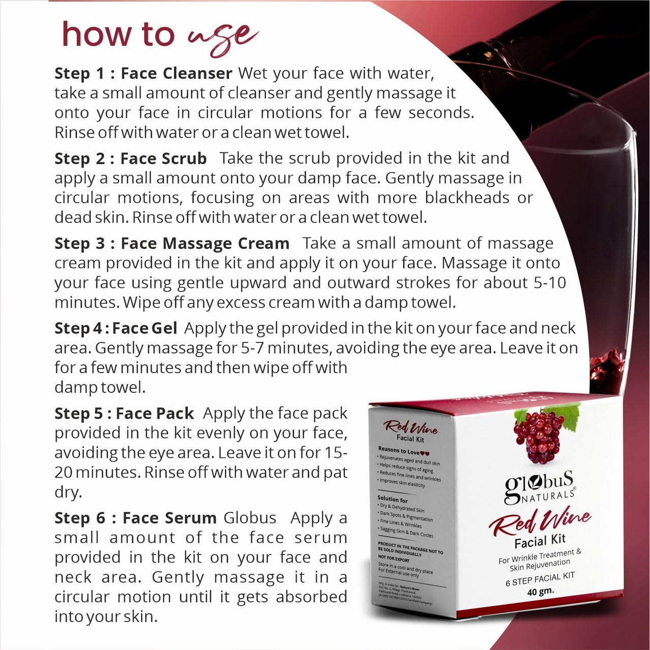 Globus Naturals Facial Kit Combo-Oil Control Anti Acne & Wrinkle Control Red Wine Facial Kit, For All Skin Types