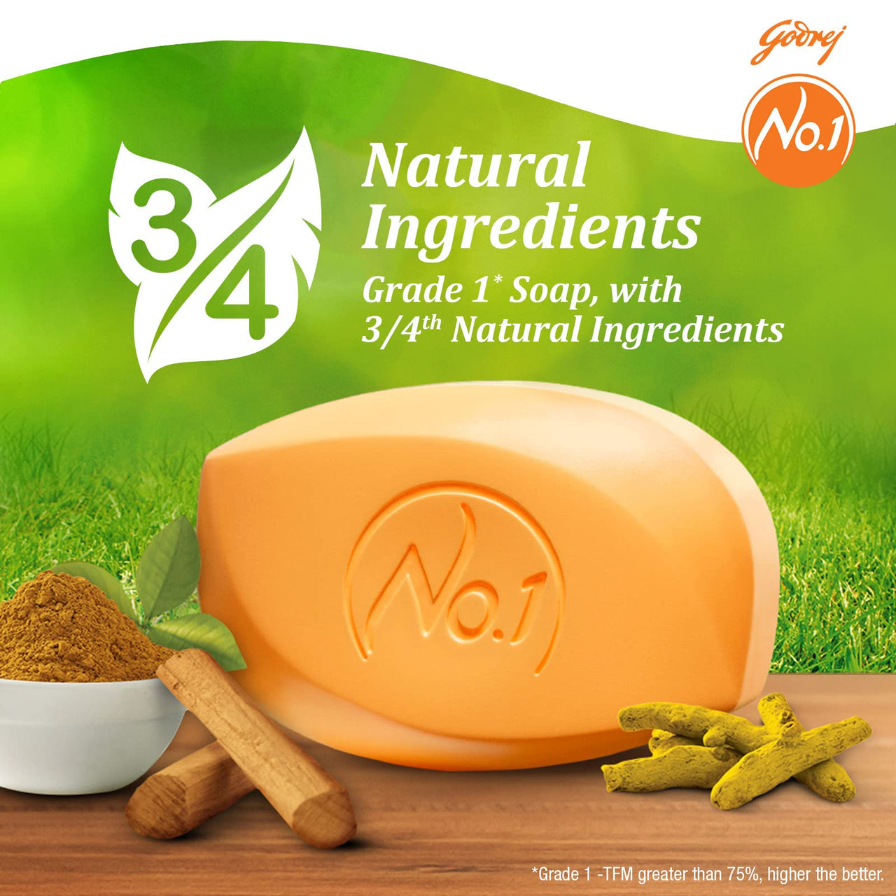 Godrej No.1 Sandal and Turmeric Soap - Pack of 4 (150g each) - High TFM (Grade 1 Soap) | Soaps For Bath | Long-Lasting Fragrance