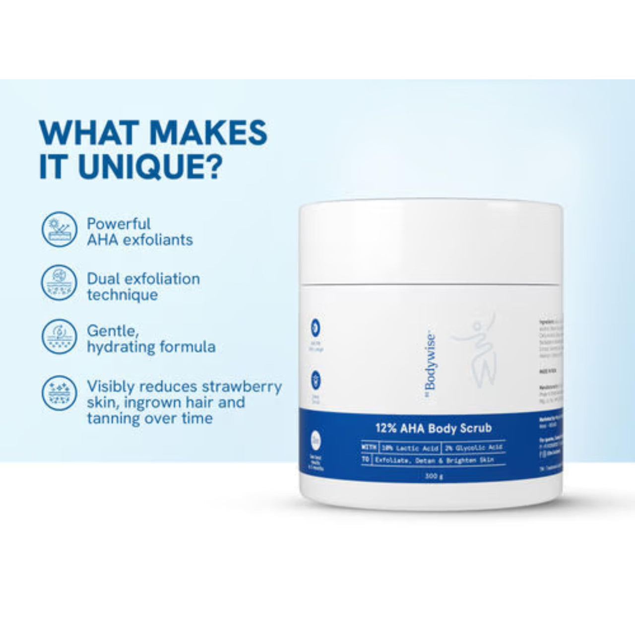 Be Bodywise 12% AHA Body Scrub | Exfoliating Scrub with Glycolic Acid & Lactic Acid | Smoothens Strawberry Skin & Rough Bumps | Oat & Aloe Extract for Hydration | Vitamin E for Skin Protection | 300g