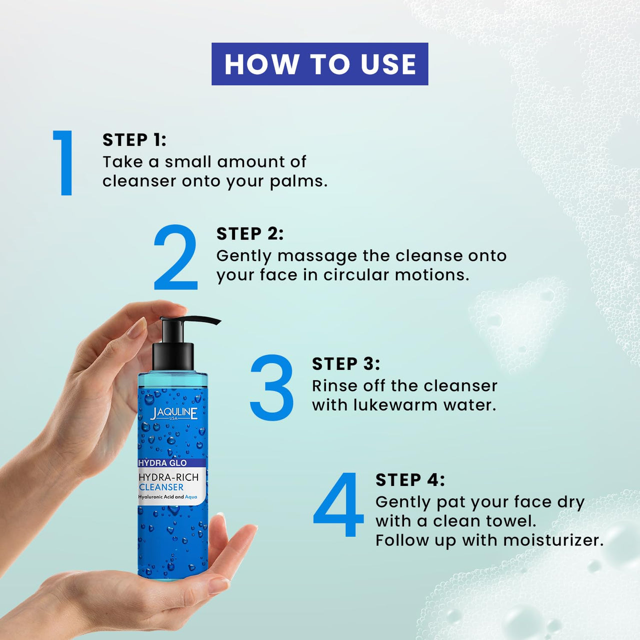 Jaquline USA Hydra Glo Hydrating Face Wash|Face Cleanser, with Hyaluronic Acid, for Women, Men | Pore Cleansing | Dirt Control | Makeup Remover | Cleanser For All Skin Types - 200 ml