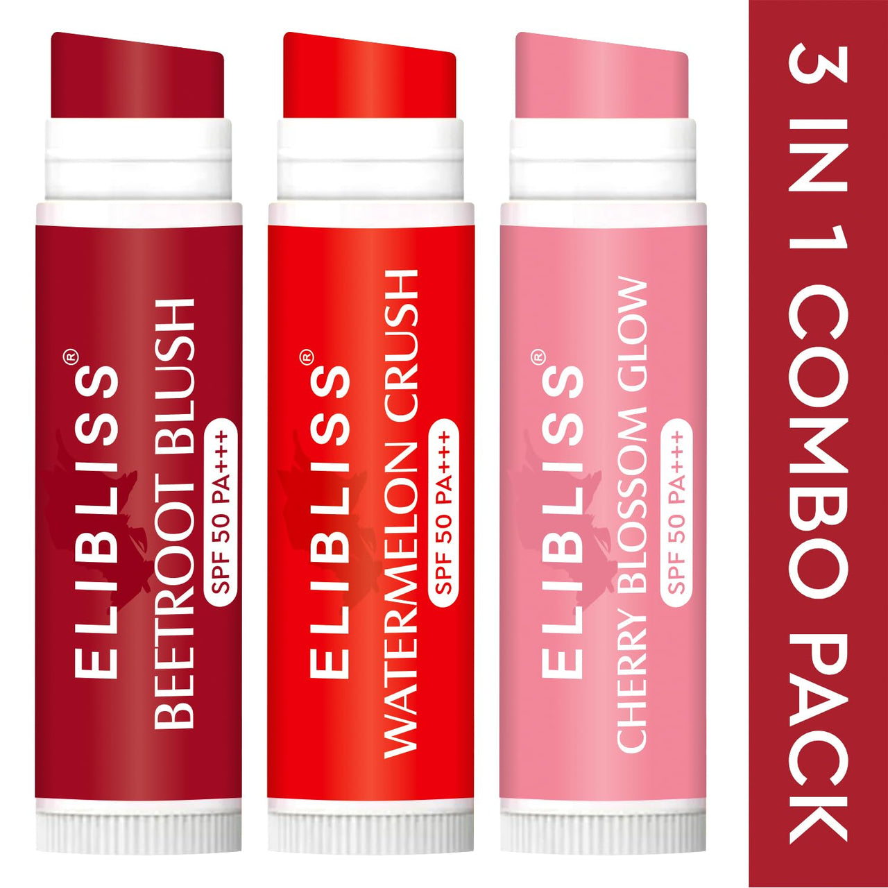 Elibliss Luscious 3 in 1 Tinted Lip Balm 5g Each | SPF 50 PA+++ | Beetroot Blush, Watermelon Crush, Cherry Blossom Glow | Enriched with Shea, Cocoa & Mango Butter | Smooth, Soft Naturally Tinted Lips