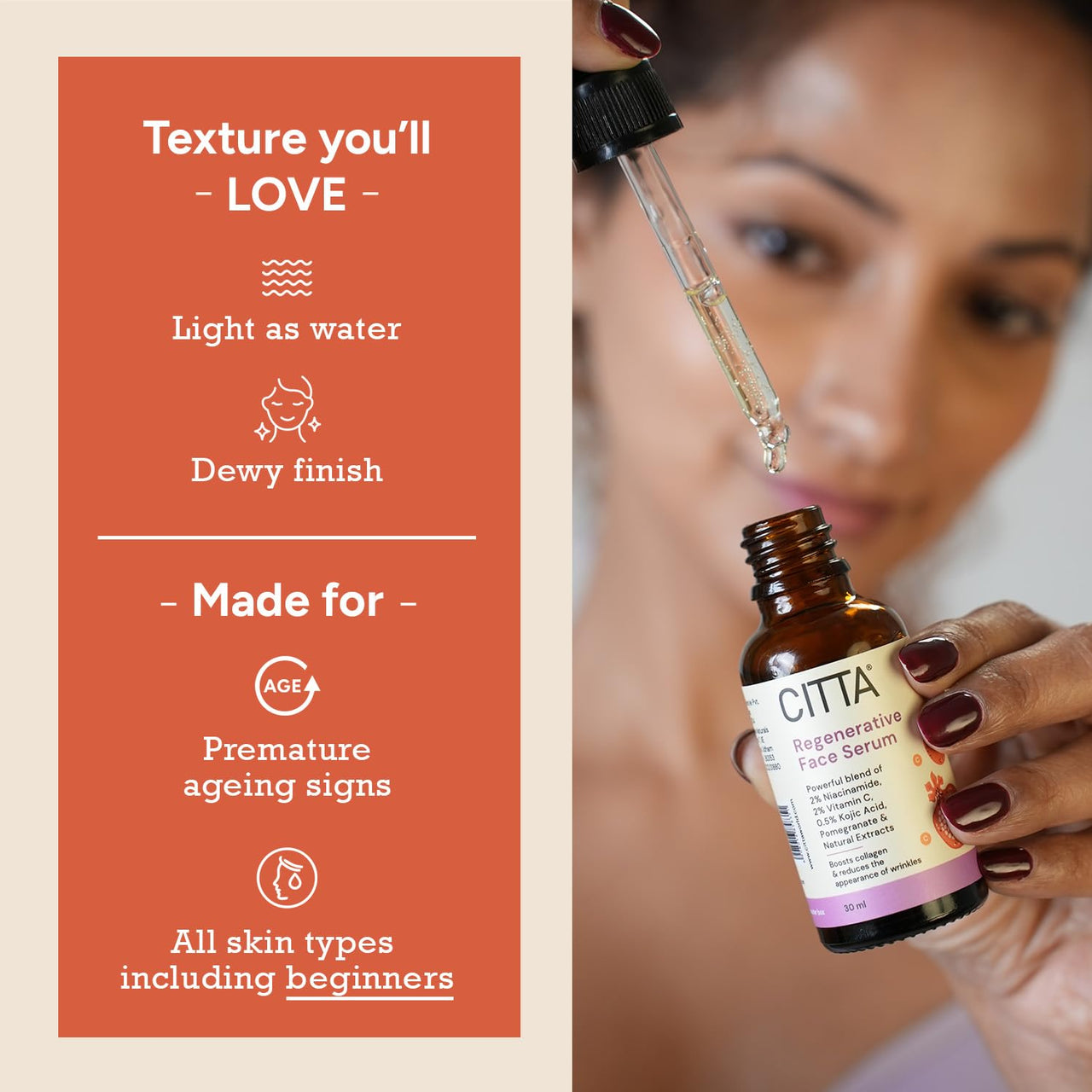 CITTA Regenerative Face Serum | Wrinkle Lift & Anti-Aging Night Serum | Niacinamide & Kojic Acid for Wrinkle Correction | For Women & Men | All Skin Types | 30ml
