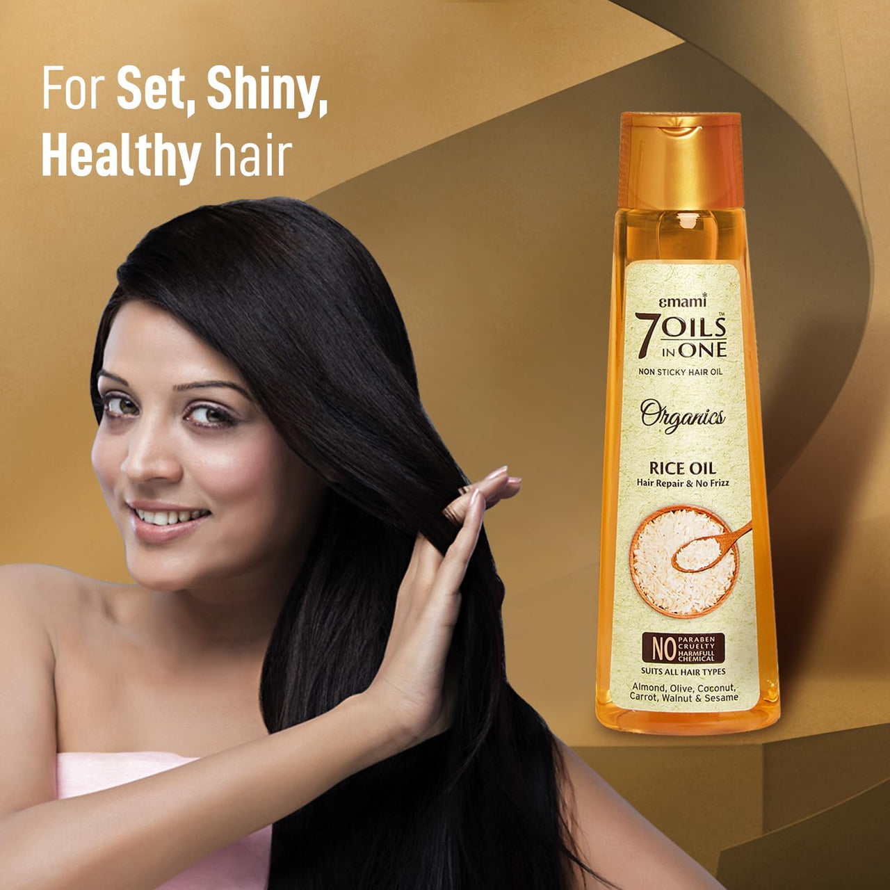 Emami 7 Oils In One Organics RICE OIL Hair Repair& No Frizz| Nourishing & Hydrating| Ultra-Light & Non-Sticky | Certified Organic | Free From Parabens, Sulphates & Harmful Chemicals |For Soft, Shiny Hair - 200ml