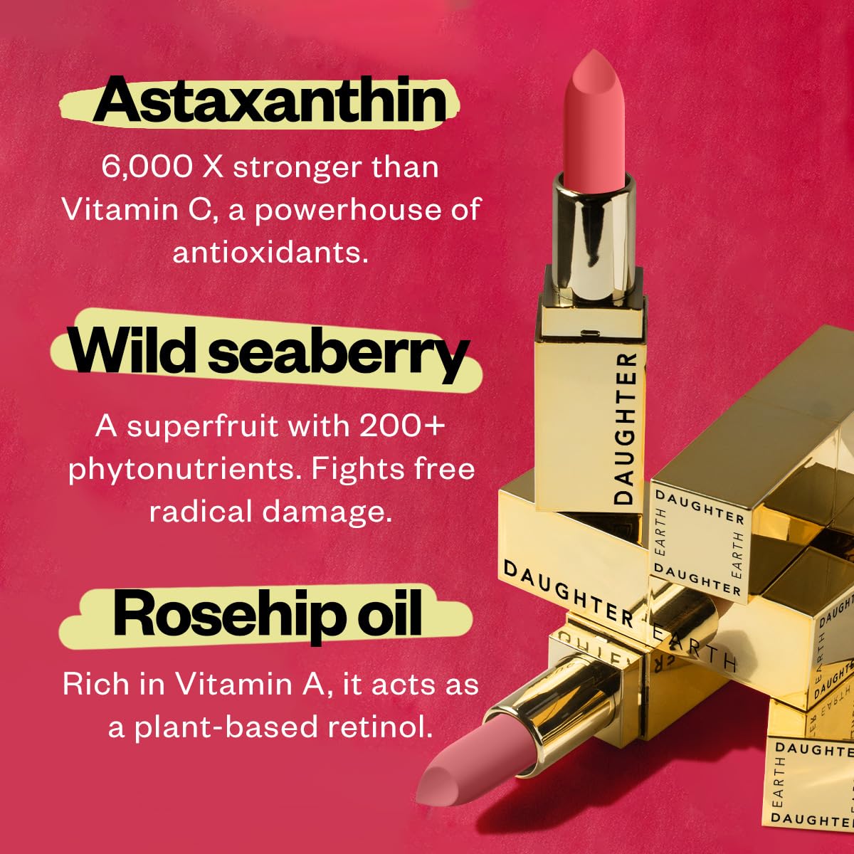 DAUGHTER EARTH Original Pink Lipstick | Vegan Plant Based Highly Pigmented Natural Lightweight Non Drying Lip Color | Long Lasting Phytonutrient Lipstick With Vit E & Bakuchiol | UV Protection | 4g