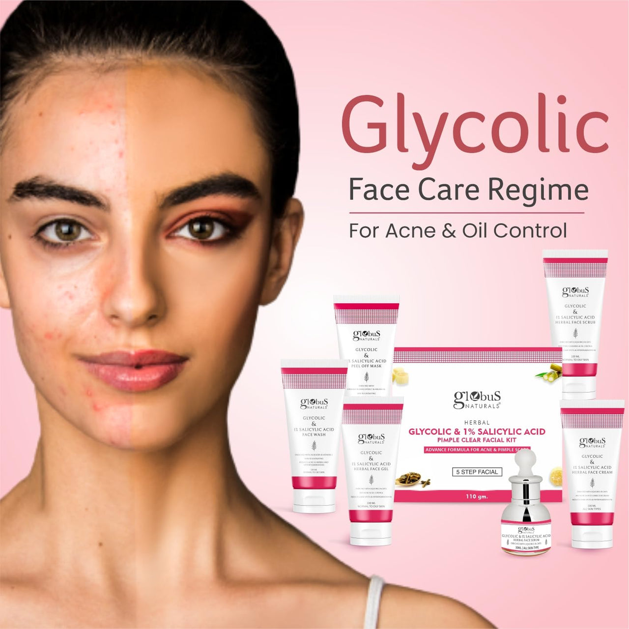 Globus Naturals Glycolic & 1% Salicylic Acid Herbal Anti Acne Face Gel, Enriched with Liquorice & Oats, Anti Acne & Oil Control, Reduces Dark spots & Hyperpigmentation,100 ml Pack Of 3