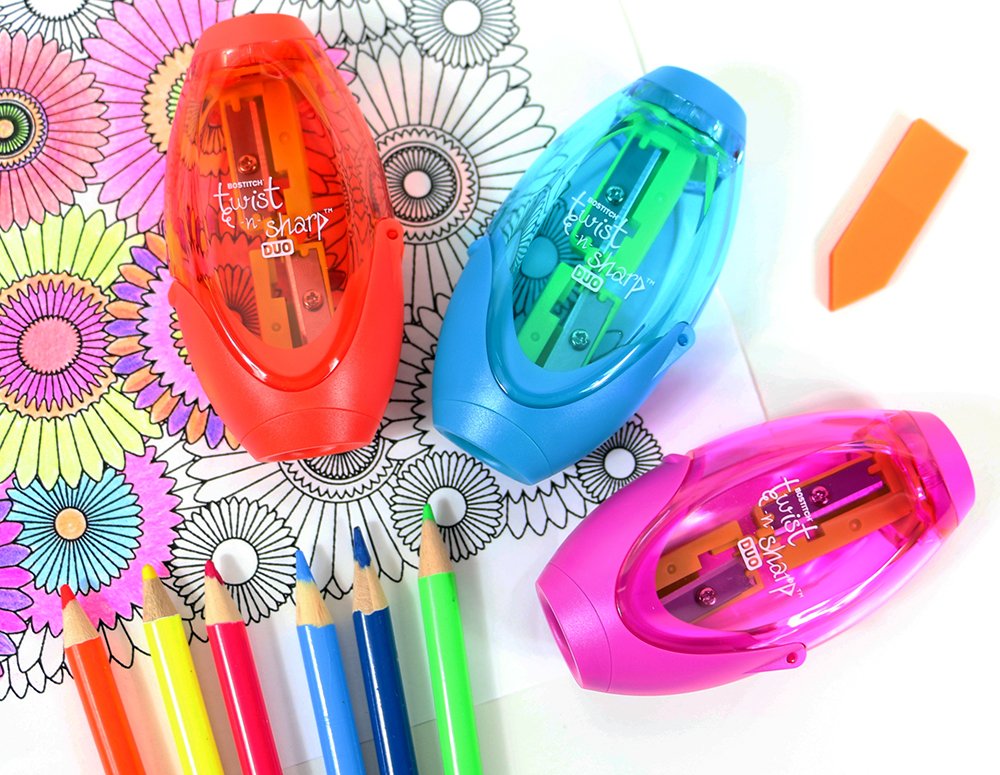 Bostitch Office Twist-N-Sharp Manual Pencil Sharpener, 2 Holes for Standard and Jumbo Pencils with Ratchet Technology, 1 Sharpener Random Color