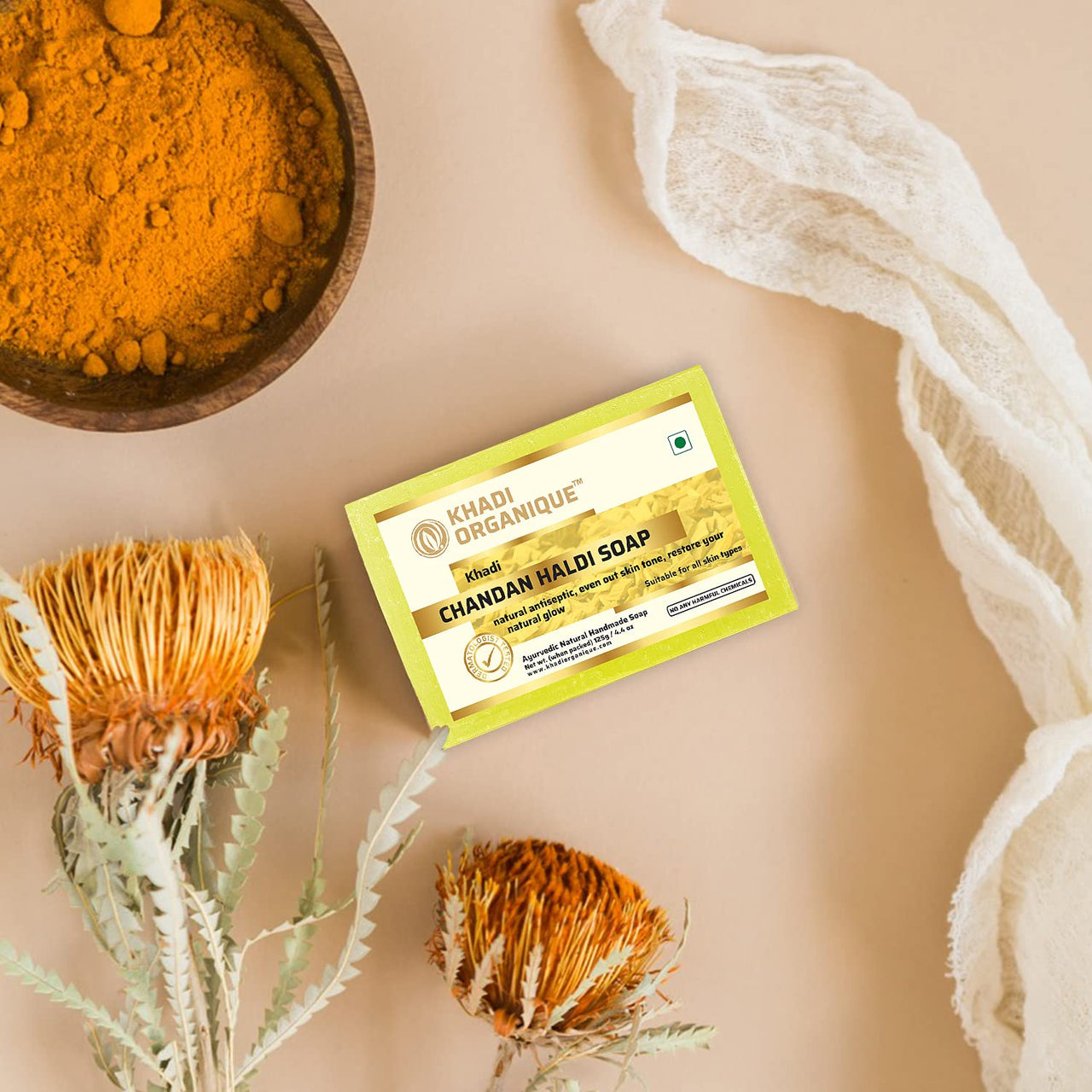 KHADI ORGANIQUE Chandan Haldi Soap Natural Handmade Soap with Turmeric Extracts Super Saver Pack of 5 (625 GM)