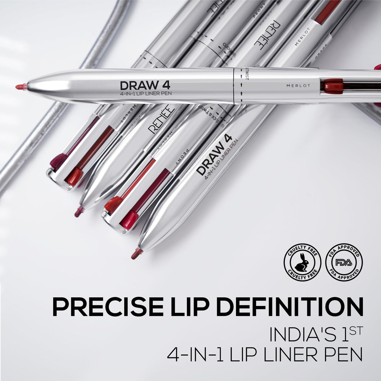 RENEE Draw 4-4-in-1 Lip Liner, Four Shades Pinks, Brown, Nude & Red in One Pen - Highly Pigmented, Rich Texture, Matte Finish, One-swipe Application & Travel-friendly