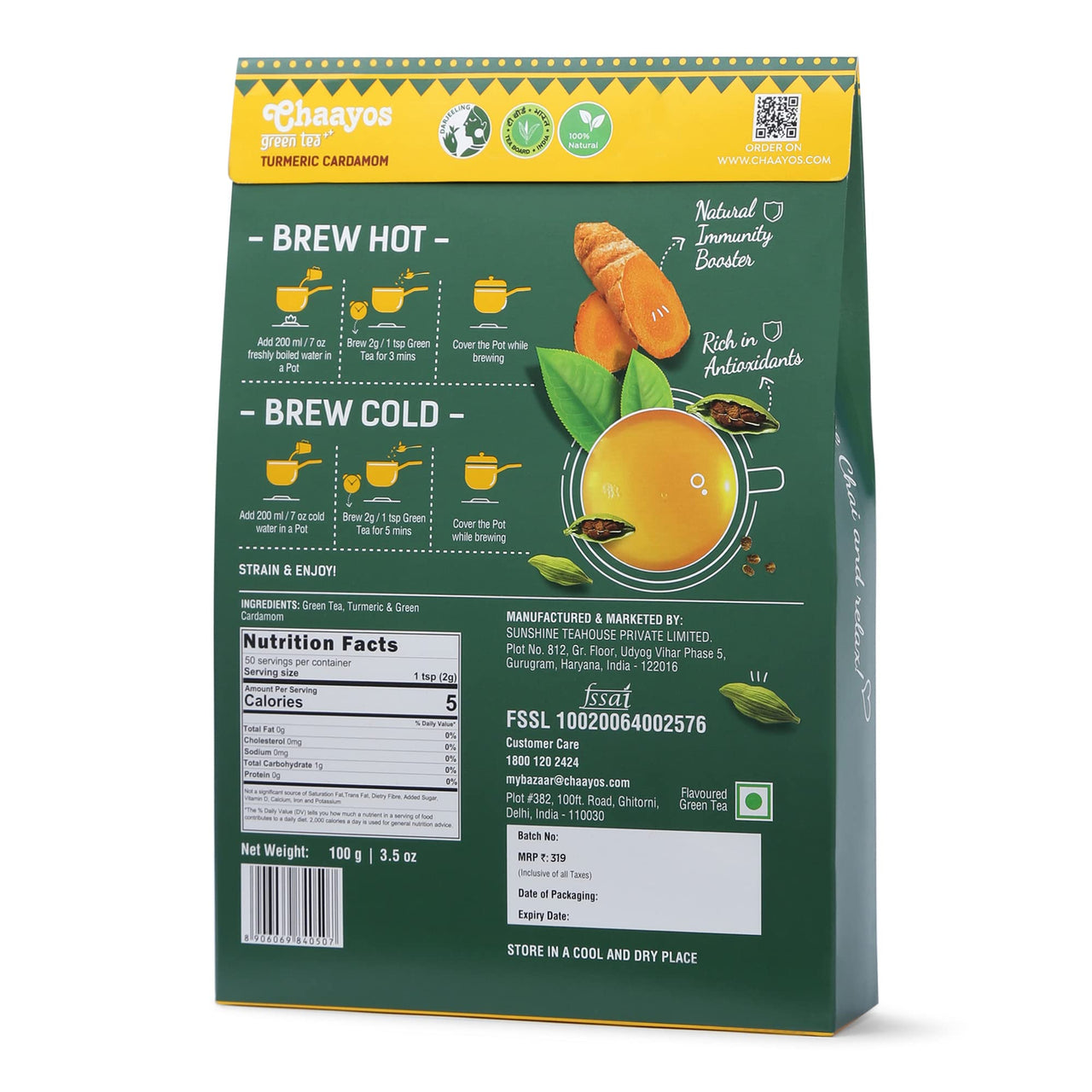 Chaayos Turmeric Cardamom Green Tea | Turmeric Cardamom Tea | Whole Leaf Loose Tea | Immunity Boosting - 100g [50 Cups] | Antioxidant Green Tea | Green Tea
