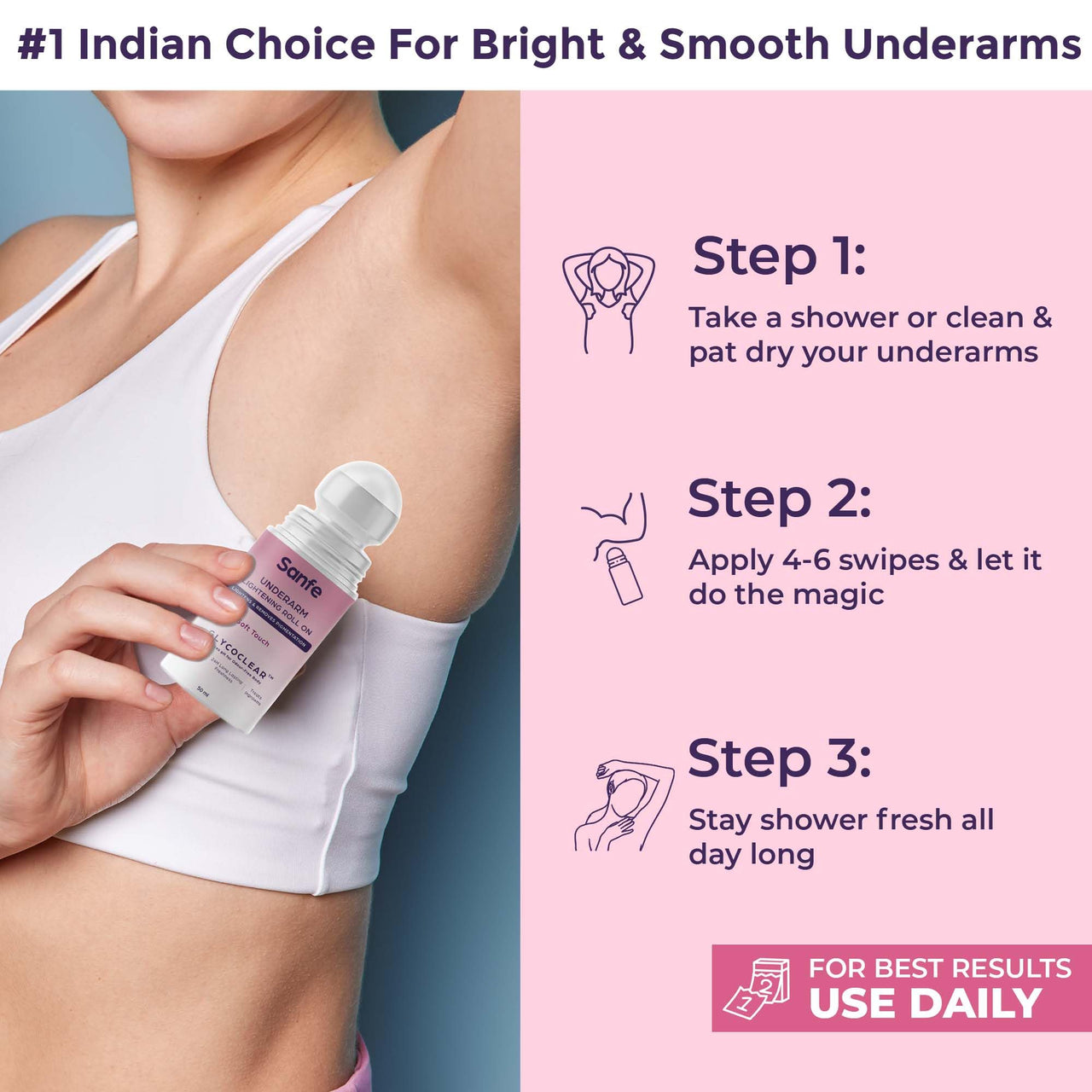 Sanfe Underarm Lightening Roll On (Soft Touch) with 5% AHA Glycolic Acid & Salicylic acid 0.5% W/W For Underarms | Lightens & Remove Pigmentation | Deodorant for Underarms | Glycoclear Technology | Men & Women