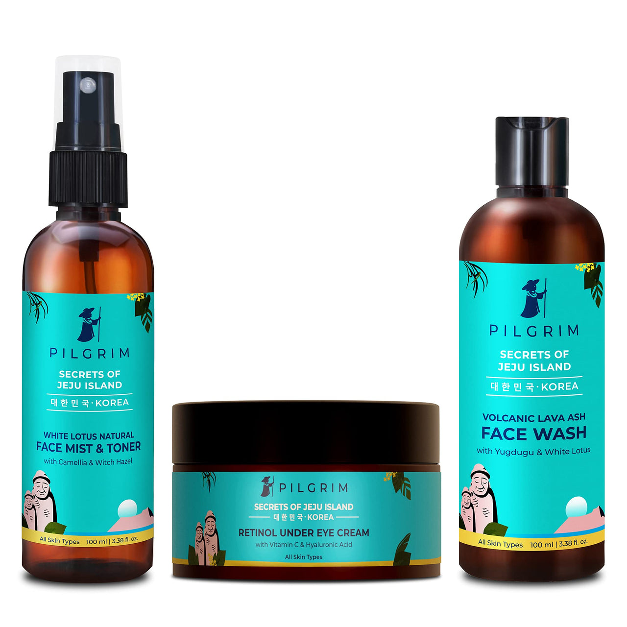 Pilgrim Korean Beauty Daily Face Care Combo Pack | Cleansing Face Wash 100ml + Retinol Under Eye Cream 30g + Hydrating Face Mist & Toner 100ml | Anti-Ageing | For All Skin Type | For Men & Women