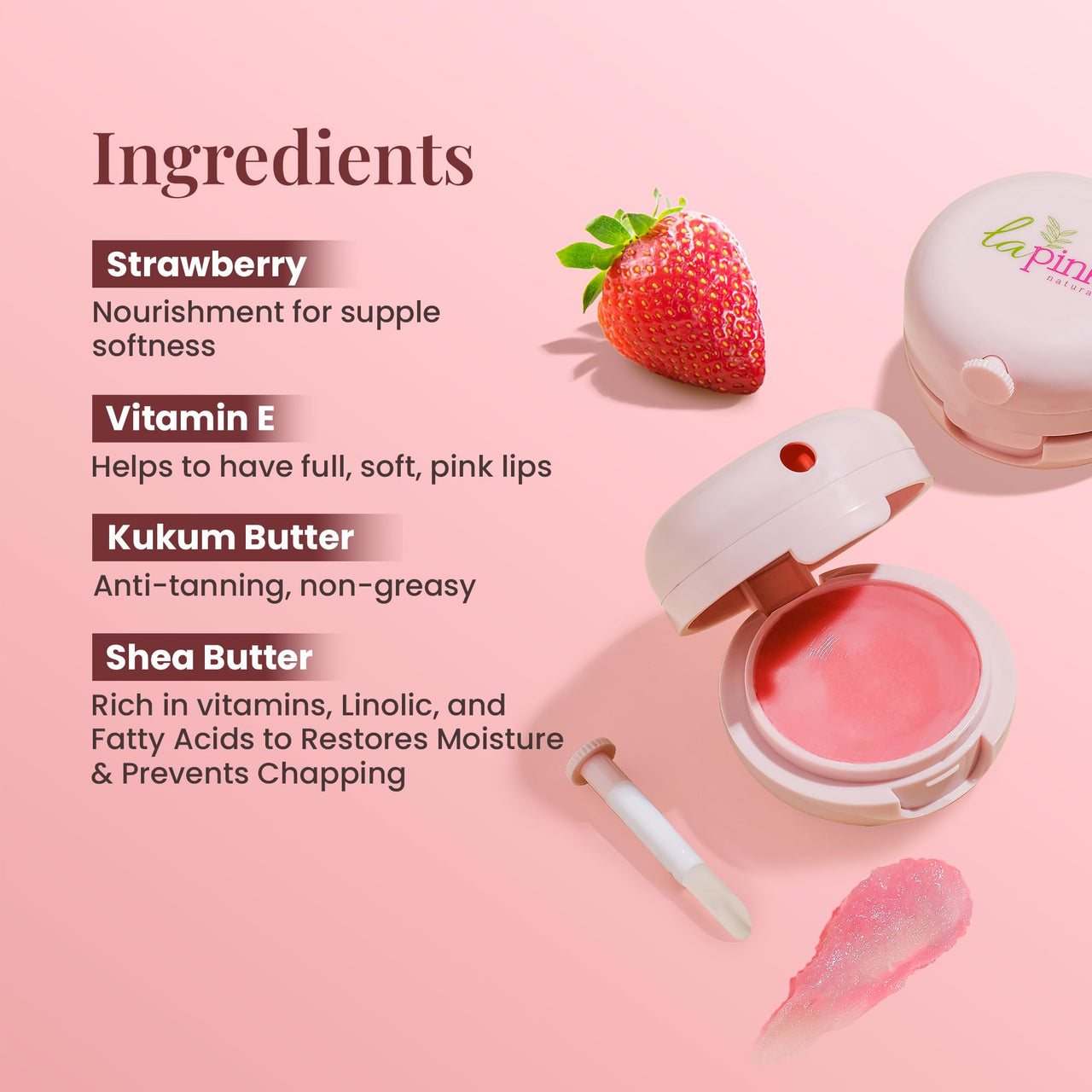 La Pink Strawberry Tinted Lip Balm | With Shea & Kokum Butter | Deep Nourishment & Hydration | Soft & Smooth Lips | 100% Microplastic-Free | 15g
