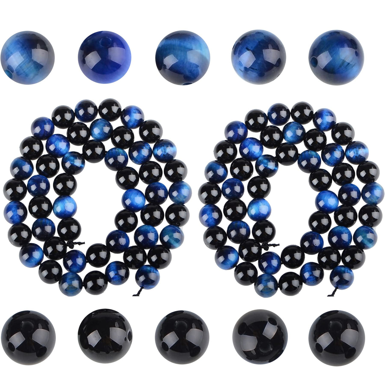 Massive Beads 100PCS Natural Crystal Beads Black Onyx & Blue Tiger Eye Gemstone Round Loose Energy Healing Beads with Free Crystal Stretch Cord for Jewelry Making (Black Onyx & Blue Tiger Eye, 8MM)