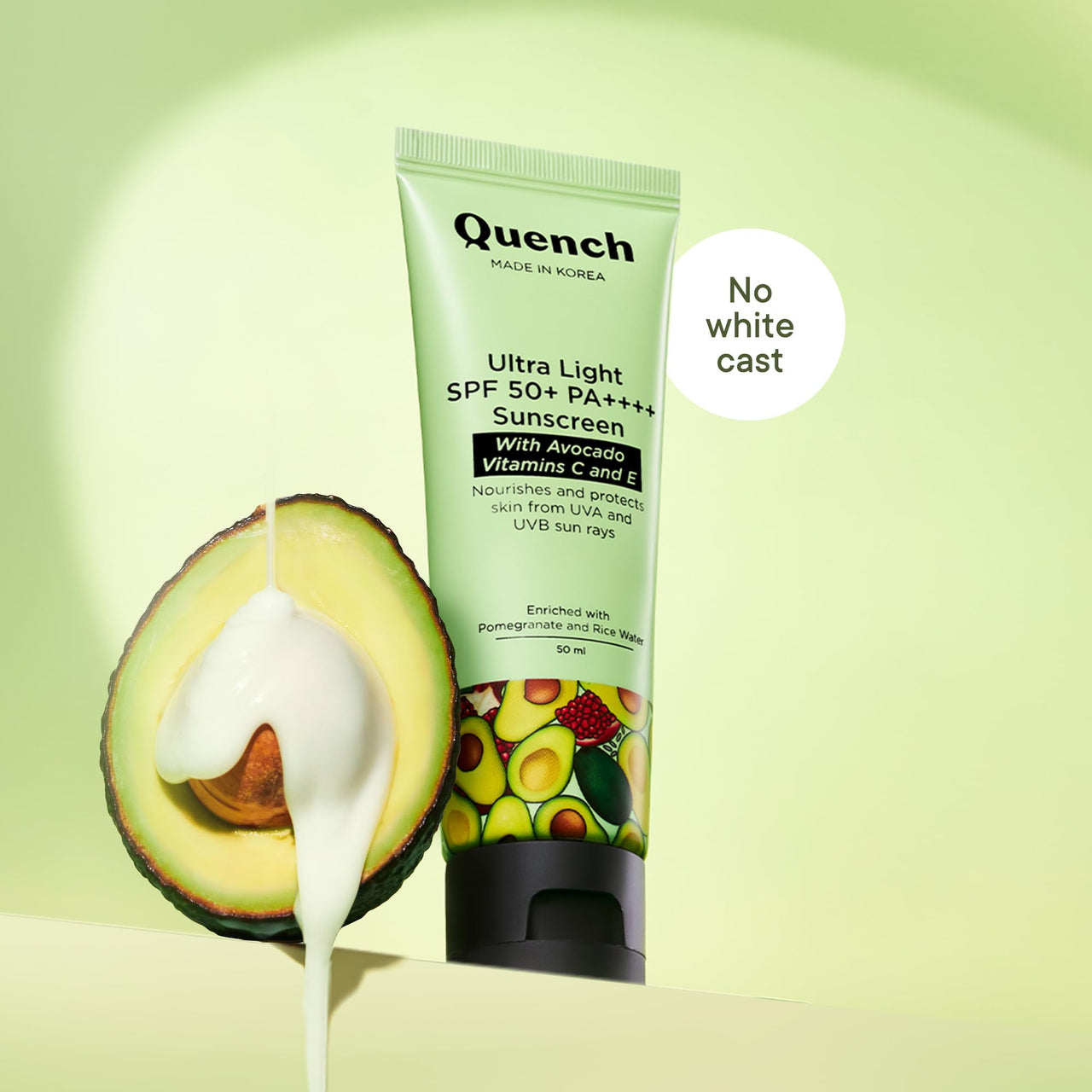 QUENCH BOTANICS Bravocado Sunscreen Spf 50+ Pa++++ Korean Sunscreen With Vitamin E & Avocado,No White Cast Lightweight & Non-Sticky, Uva & Uvb Protection For Women & Men (50Ml) All Skin Type