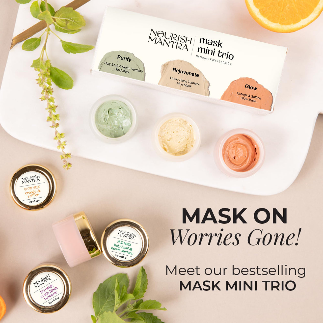 Nourish Mantra mask Mini Trio Face Care Kit | Holy Basil & Neem Vardaan Mud Mask, Exotic Black Turmeric Mud mask, Orange & Saffron Avanda Glow | for Rejuvenated & Glowing Skin (12g each)