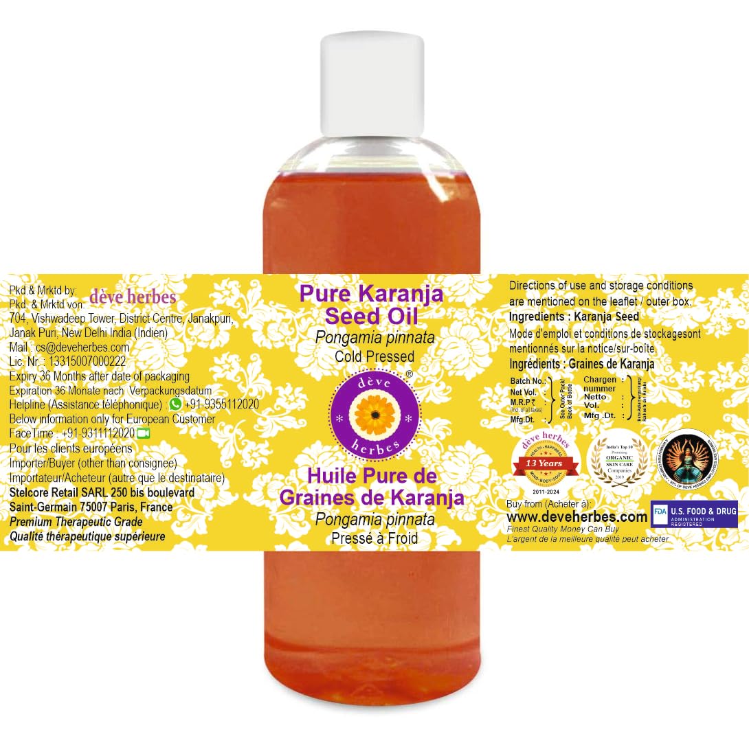 Deve Herbes Pure Karanja Seed Oil (Pongamia pinnata) Natural Therapeutic Grade Cold Pressed 200ml