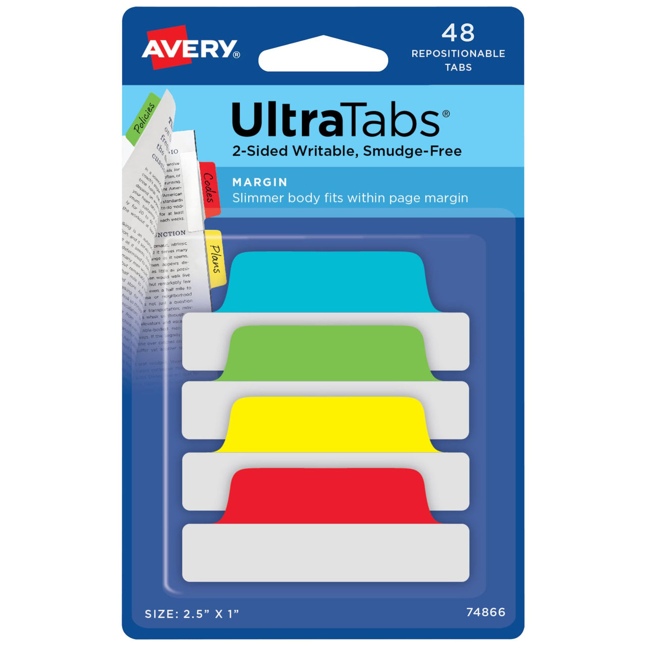 Avery Margin Ultra Tabs, 2.5" x 1", 2-Side Writable, Assorted Colors, 48 Repositionable Page Tabs (74866) 48 tabs