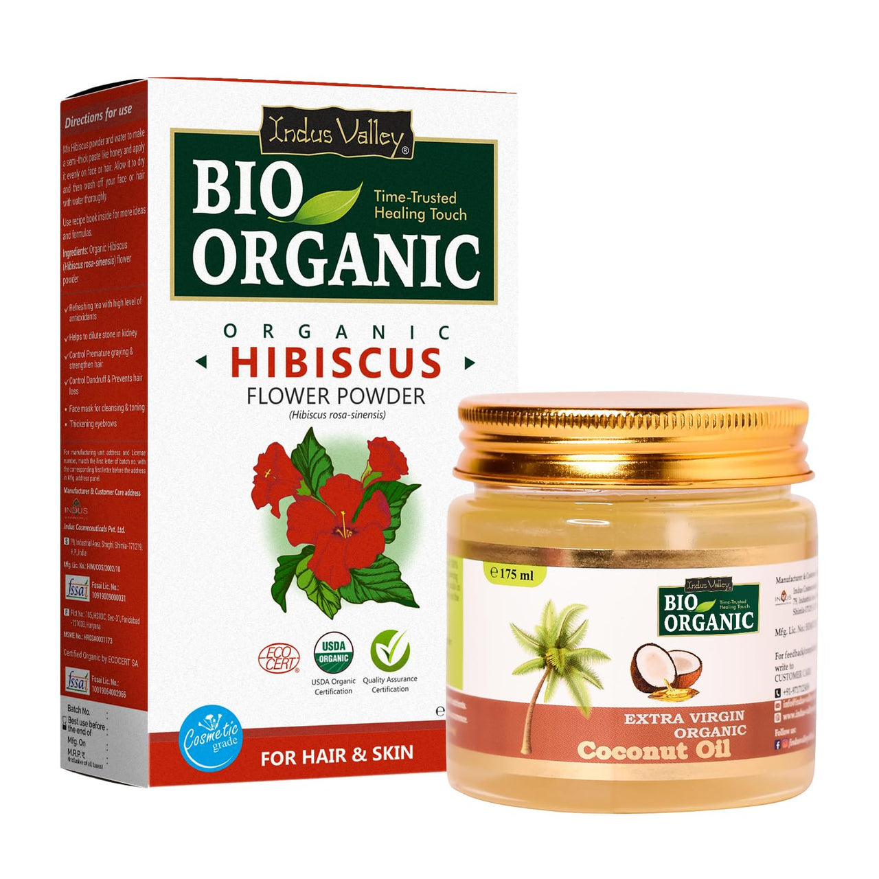 INDUS VALLEY Organic Hibiscus Powder | | Hibiscus rosa-sinensis and Coconut Oil - 100g+175ml