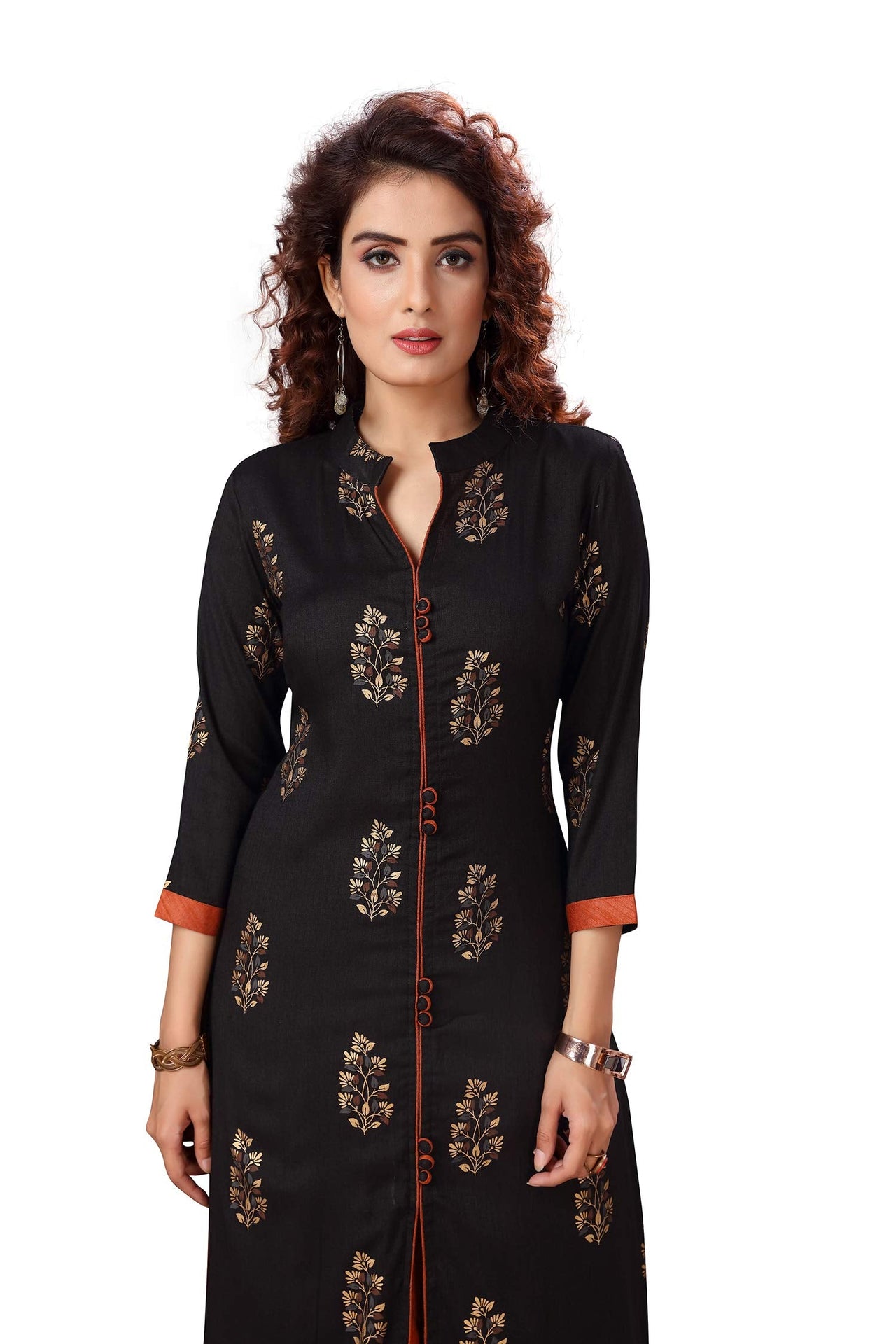 madhuram textiles Women's  Straight and 3/4th Sleeves Fully Stitched Plain Printed Slab Rayon Kurtis and Knee Length with Round Neck Long Kurti with Skirt Set