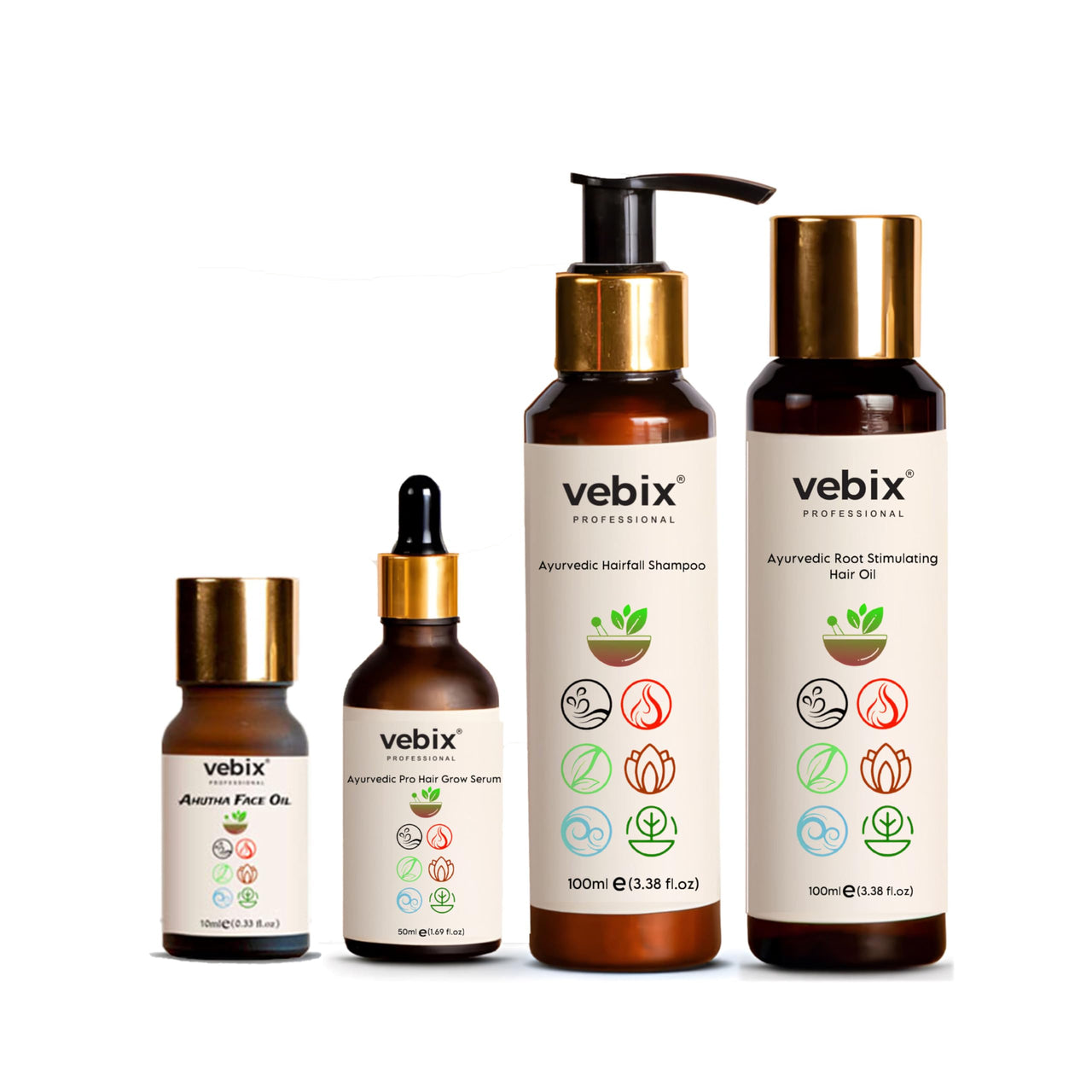 Vebix Professional Customised HairCare Set | 4 Ayurvedic Products Kit | For All Hair | Anti HairFall Oil Neem, Lotus AntiHairfall Shampoo, Face Glowing Serum, Hair Growth Serum