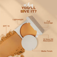 Estelar Matte Compact Powder with SPF 15 Protection, Absorbs Oil and Sweat, Long Lasting Freshness for Upto 12 Hours, Evens Tone, Non Sticky, Non Greasy, Fearless Sand, For All Skin Types, 8gms