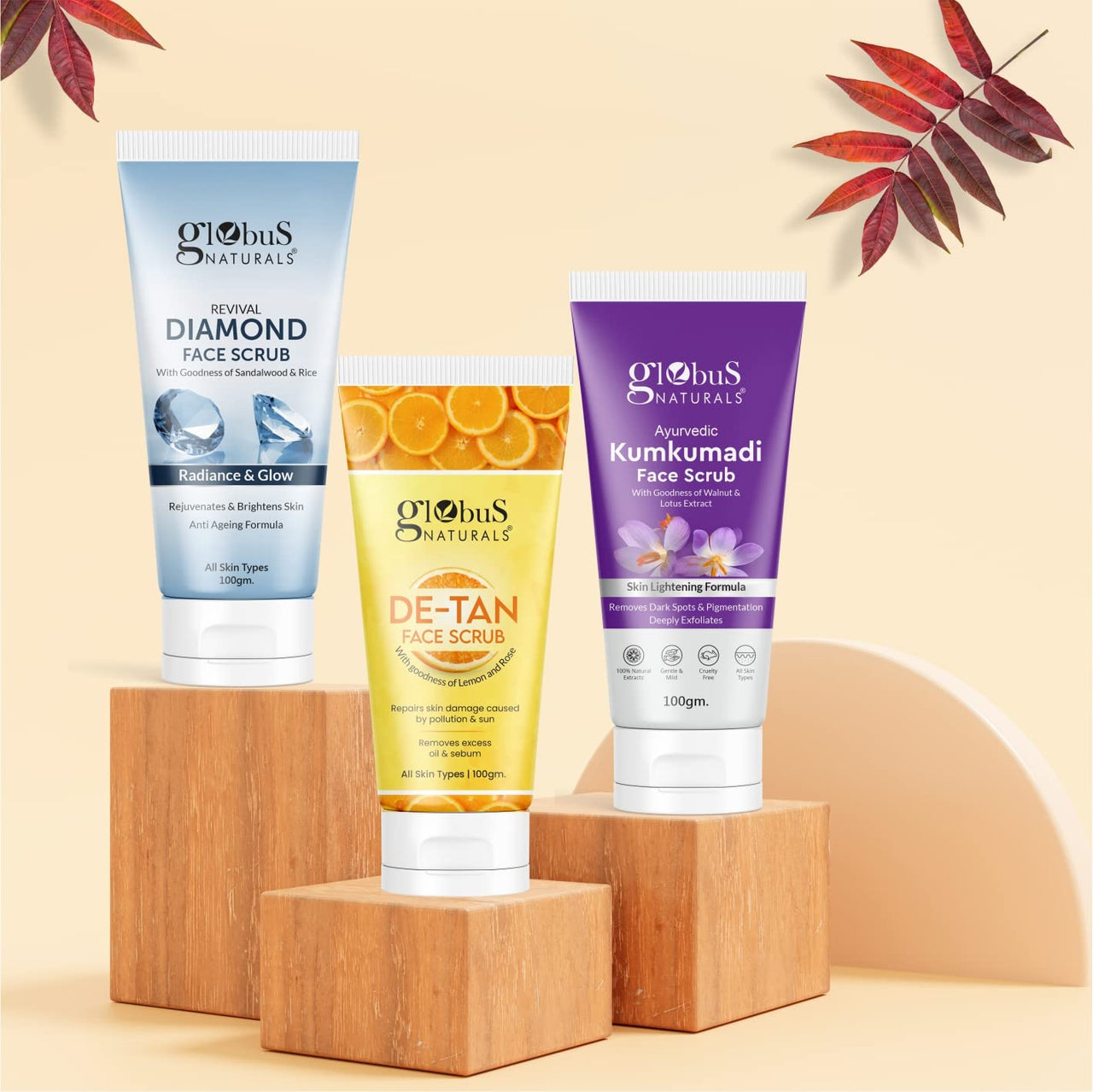 Globus Naturals Ayurvedic Kumkumadi Skin Lightening Face Scrub, Enriched with Walnut & Lotus Extract, Chemical Free, Cruelty Free, Suitable For All Skin Types, 100 ml, Pack Of 1