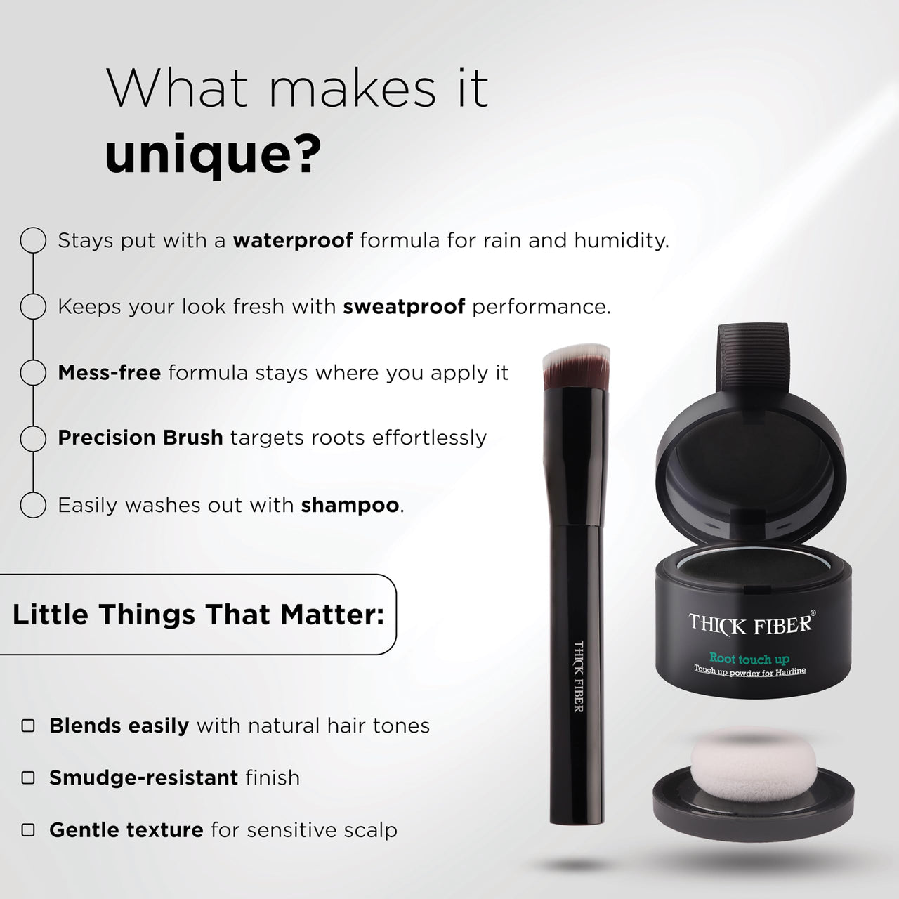 THICK FIBER Root Touch Up Powder, Root Cover for Thin & Bald Head - Water & Sweat Resistant Hair Powder for Thinning Hair Women, Includes Brush (Black) 4 Grams