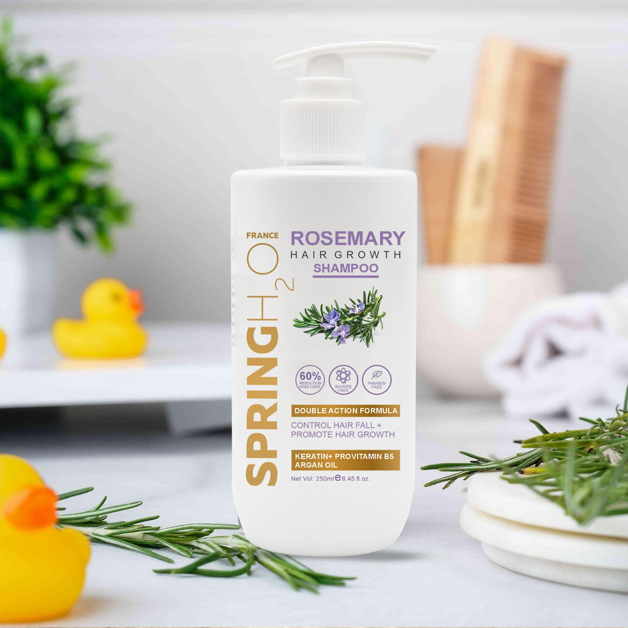 SPRING H2O Rosemary Hair Shampoo – For Natural Hair – Organic Rosemary Oil, Double Action Formula- Keratin, Provitamin B5, Argan Oil – Men & Women 250ml